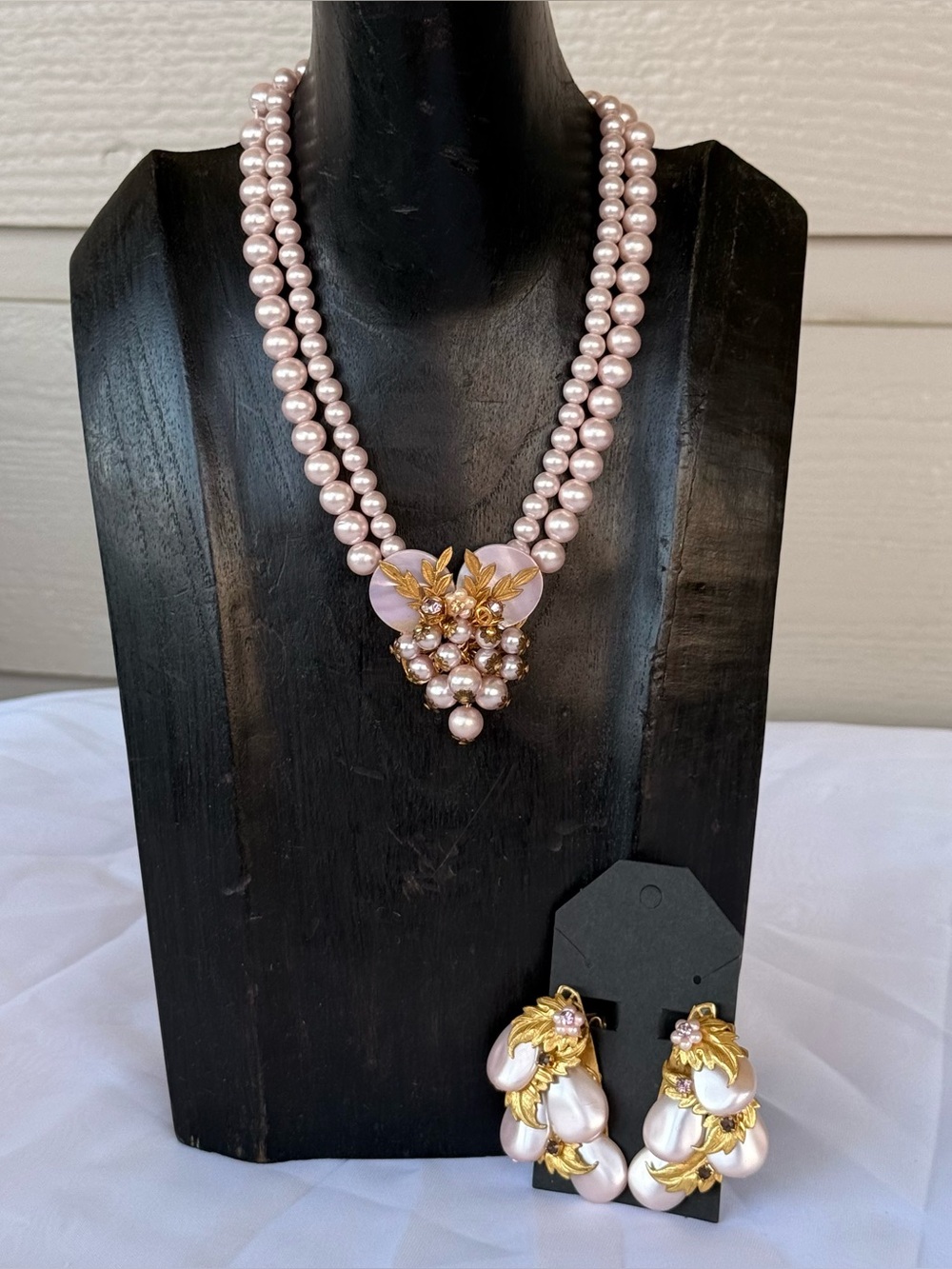 Mid-Century Modern Faux Pearl Beaded Choker Necklace & Earrings, Miriam Haskell